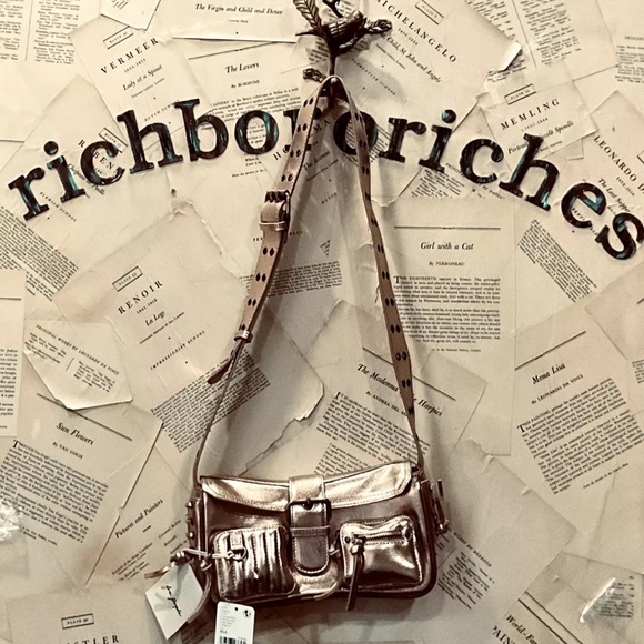 Free People High Speed Crossbody Bag Sling Gold Metallic Leather Adjustable - Picture 3 of 9